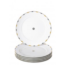  Десертная тарелка-Set 6-tlg., Полосы, облегченная оправа, синий, желтый и золото, розетка по центру, края золота 