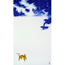  Панно, Желтый тигр, облака и дракон искоса синий, белый он края, 72 x 42 см 