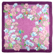  Ткань 100% шелк, Flowers and Parrot, фиолетовый, 90x90 см 
