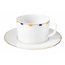  Кофейная чашка с блюдцем, полосы, кромка маленькая, в голубой, желтый и золотой, V 0,15 л 