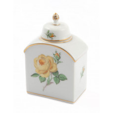 Teedose, Rose mitte, gelb, Goldrand, H 9,5 cm