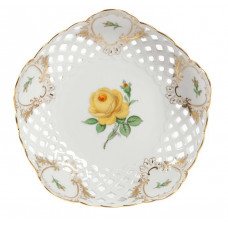 Schale, durchbr., Rose mitte, gelb, Schilderornamente goldstaffiert, Goldrand, ø 18 cm