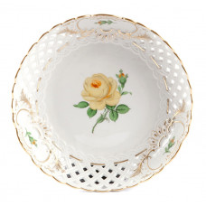 Schale, durchbr. rund, Rose mitte, gelb, Schilderornamente goldstaffiert, Goldrand, ø 21 cm