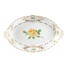 Korb, durchbr.  mit 2 Henkel, Rose mitte, gelb, Schilderornamente goldstaffiert, Goldrand, L 25 cm