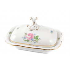 Gemüsenapf, eck., Rose und Vergißmeinnicht, mitte, bunt, Goldrand, 20 cm