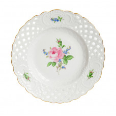 Teller, durchbr., Rose und Vergißmeinnicht, mitte, bunt, Goldrand, ø 19 cm
