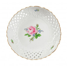 Schale, durchbr. rund, Rose und Vergißmeinnicht, mitte, bunt, Goldrand, ø 21 cm