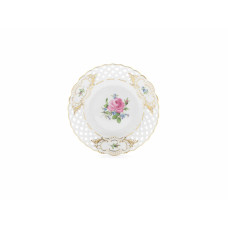 Teller, durchbr., Rose u.Vergißmeinn.,mitte,bunt,Schilderornamente goldstaff.,Goldrand, ø 19 cm