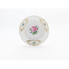 Teller, durchbr., Rose u.Vergißmeinn.,mitte,bunt,Schilderornamente goldstaff.,Goldrand, ø 21 cm