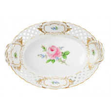 Korb,durchbroch. mit 2 Henkel, Rose u.Vergißmeinn.,mitte,bunt,Schilderornamente goldstaff.,Goldrand, 31x21 cm