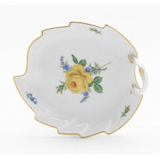 Konfektblatt, Rose und Vergißmeinnicht, mitte, gelb, Goldrand, L 19 cm