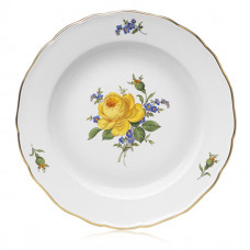 Speiseteller, Rose und Vergißmeinnicht, mitte, gelb, Goldrand, ø 28 cm