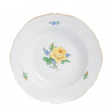 Suppenteller, Rose und Vergißmeinnicht, mitte, gelb, Goldrand, 22,5 cm
