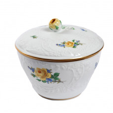 Zuckerdose, Rose und Vergißmeinnicht, mitte, gelb, Goldrand, 10 cm