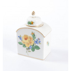 Teedose, Rose und Vergißmeinnicht, mitte, gelb, Goldrand, H 9,5 cm