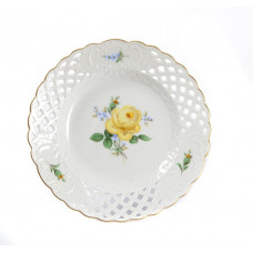 Teller, durchbr., Rose und Vergißmeinnicht, mitte, gelb, Goldrand, ø 15 cm