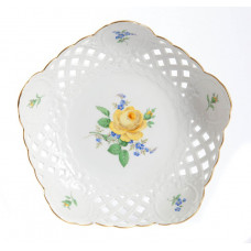 Schale, durchbr., Rose und Vergißmeinnicht, mitte, gelb, Goldrand, ø 23 cm