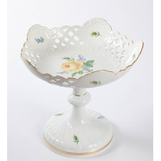 Schale auf Fu&szlig; durchbrochen, Rose und Vergi&szlig;meinnicht, mitte, gelb, Goldrand, 22 cm