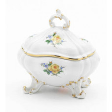 Dose auf 4 Füßen, Rose und Vergißmeinnicht, mitte, gelb, Goldrand, 13x11 cm