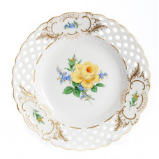 Teller, durchbr., Rose u.Vergißmeinn.,mitte,gelb,Schilderornamente goldstaff.,Goldrand, ø 15 cm