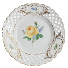Teller, durchbr., Rose u.Vergißmeinn.,mitte,gelb,Schilderornamente goldstaff.,Goldrand, ø 21 cm