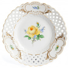 Teller, durchbr., Rose u.Vergißmeinn.,mitte,gelb,Schilderornamente goldstaff.,Goldrand, ø 24 cm