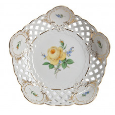 Schale auf Fu&szlig; durchbrochen, Rose u.Vergi&szlig;meinn.,mitte,gelb,Schilderornamente goldstaff.,Goldrand, H 17 cm