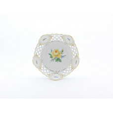 Schale, durchbr., Rose u.Vergißmeinn.,mitte,gelb,Schilderornamente goldstaff.,Goldrand, ø 23 cm