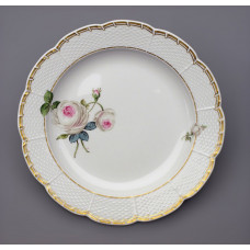 Teller,flach, Rosenmalerei, Weiße Rose, vielblättrig, purpur Kern, bunt, Goldfaden, 21 cm