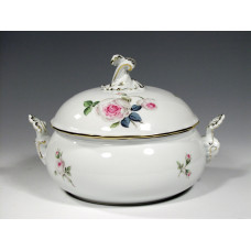 Terrine, rund mit Schnörkel, Weiße Rose mit Purpurkern, Goldrand, V 1,75 l