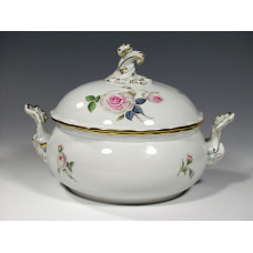 Terrine, rund mit Schnörkel, Weiße Rose mit Purpurkern, Goldrand, V 2,25 l