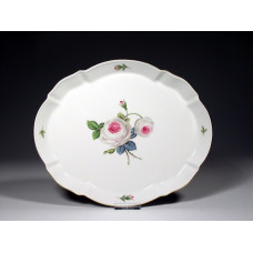 Platte, oval, Wei&szlig;e Rose mit Purpurkern, Goldrand, L 27 cm