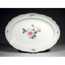 Platte, oval, Wei&szlig;e Rose mit Purpurkern, Goldrand, L 28,5 cm