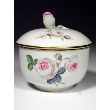 Zuckerdose, Weiße Rose mit Purpurkern, Goldrand, ø 10 cm