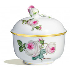 Zuckerdose, Weiße Rose mit Purpurkern, Goldrand,  ø 11 cm