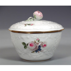 Zuckerdose, Weiße Rose mit Purpurkern, Goldrand, H 9 cm