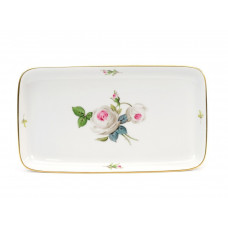 Platte,rechteck., Wei&szlig;e Rose mit Purpurkern, Goldrand, L 23 cm