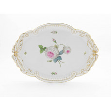 Platte, oval, Wei&szlig;e Rose mit Purpurkern, Goldrand, L 40 cm