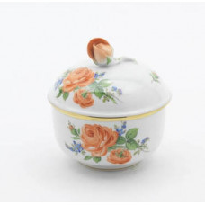 Zuckerdose, Rote Rose mit Vergißmeinnicht, bunt, Goldrand, Ø 9 cm