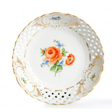 Schale, durchbr. rund, Rote Rose m.Vergißmeinnicht,bunt,Schilderornamente,goldstaff.,Goldrand, ø 21 cm