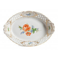 Korb, durchbr.  mit 2 Henkel, Rote Rose m.Vergißmeinnicht,bunt,Schilderornamente,goldstaff.,Goldrand, L 25 cm