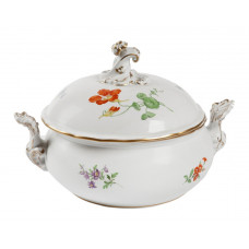 Terrine, rund mit Schnörkel, Blume 1 mitte, bunt, Goldrand, V 2,25 l