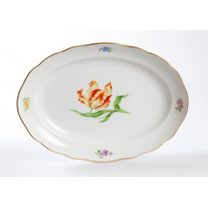 Platte, oval, Blume 1 mitte, bunt, Goldrand, L 35 cm