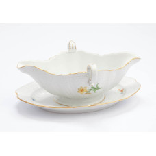 Sauciere 2 Henk. auf Schale, Blume 1 mitte, bunt, Goldrand, 0,5 l