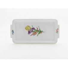 Platte,rechteck., Blume 2 mitte, bunt, Goldrand, L 29 cm