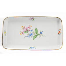 Platte,rechteck., Blume 2 mitte, bunt, Goldrand, L 23 cm