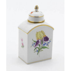Teedose, Blume 2 mitte, bunt, Goldrand, H 14 cm
