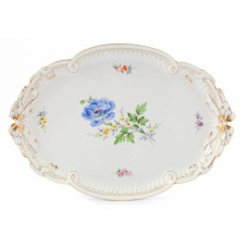 Platte, oval, Blume 2 mitte, bunt, Goldrand, L 40 cm