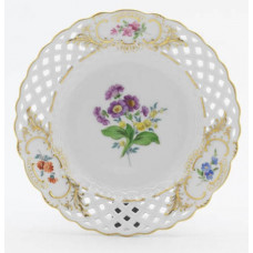 Teller, durchbr., Blume 2 mitte, bunt, Schilderornamente goldstaffiert, Goldrand, ø 15 cm