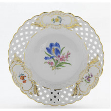 Teller, durchbr., Blume 2 mitte, bunt, Schilderornamente goldstaffiert, Goldrand, ø 21 cm